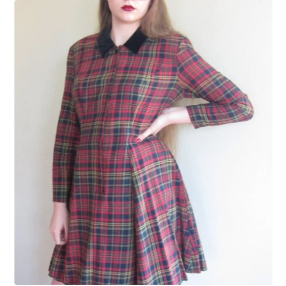 VINTAGE LAURA ASHLEY tartan plaid long sleeve dress velvet collar | Size 6 - Picture 3 of 11
